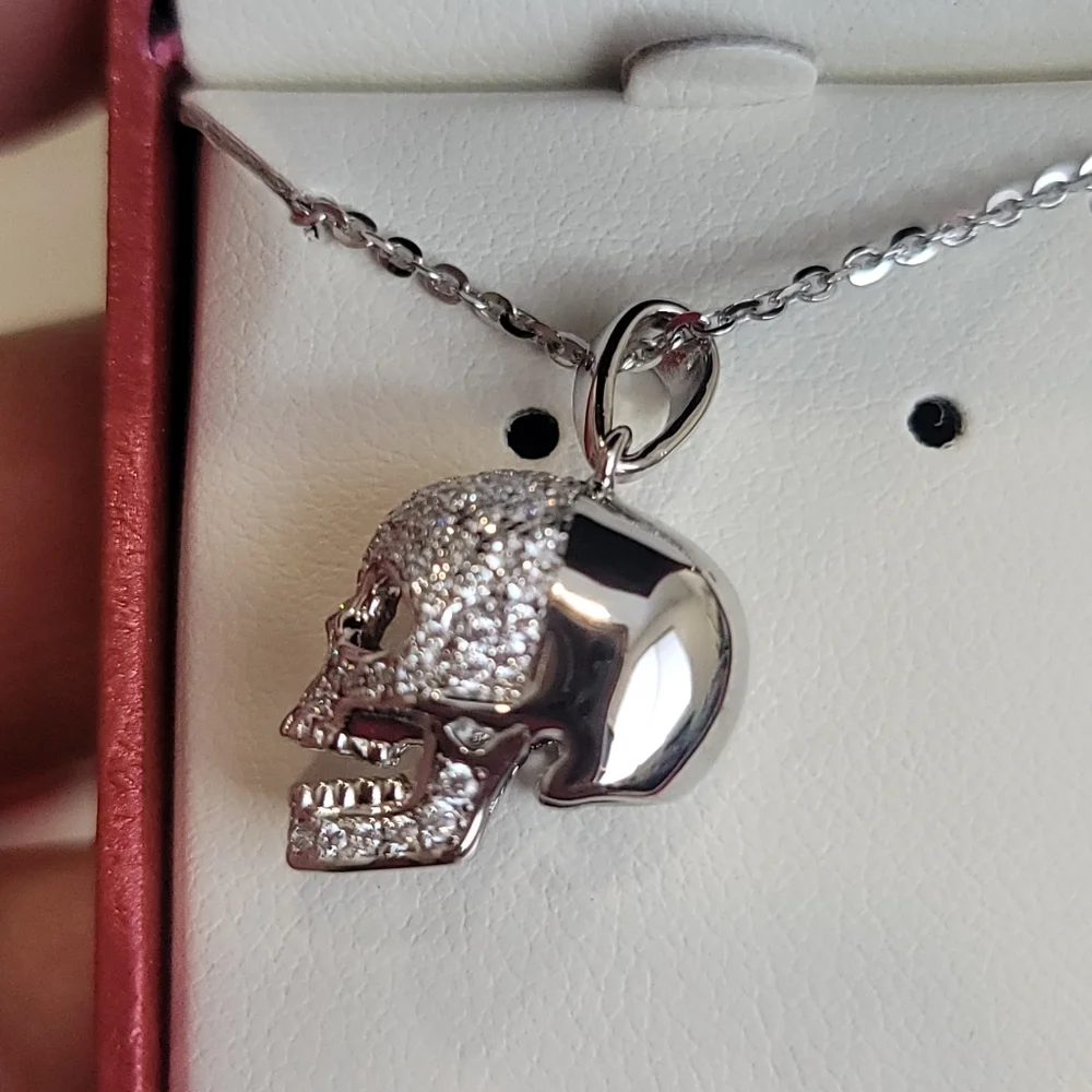 NEW Skull Bones Cubic Zirconia  Necklace in Sterling Silver - Picture 11 of 16